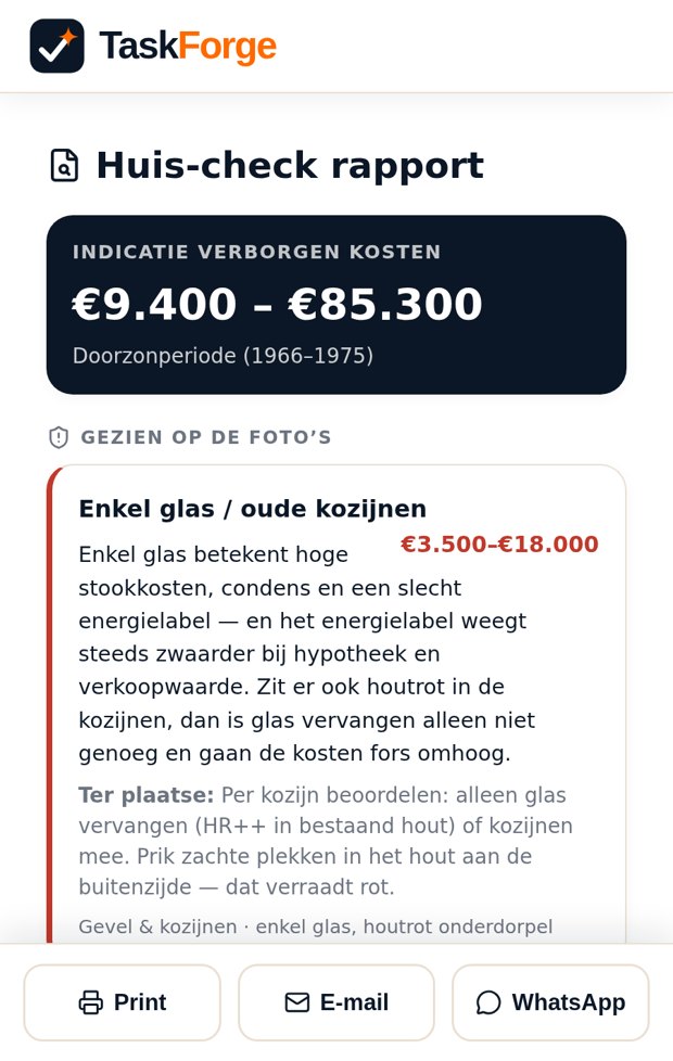 Huis-check rapport met bedrag per onderdeel