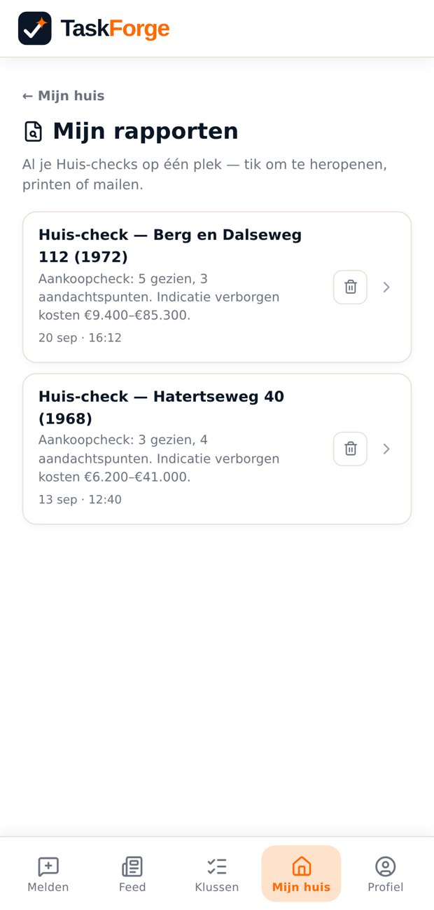 Overzicht van bewaarde Huis-check rapporten