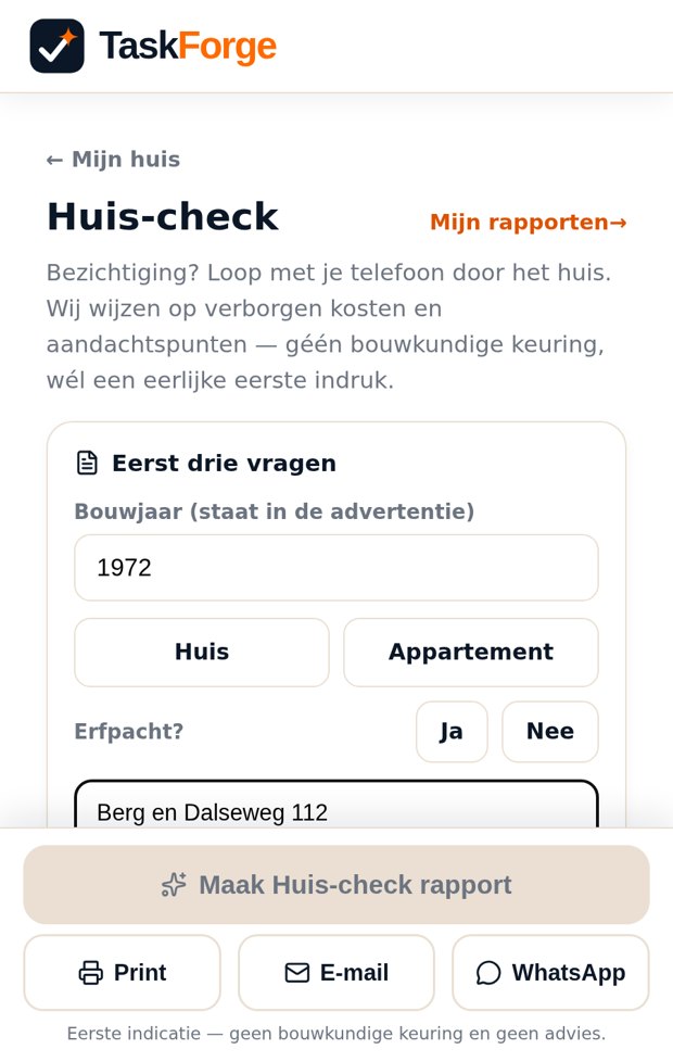 Scherm met de eerste drie vragen van de Huis-check