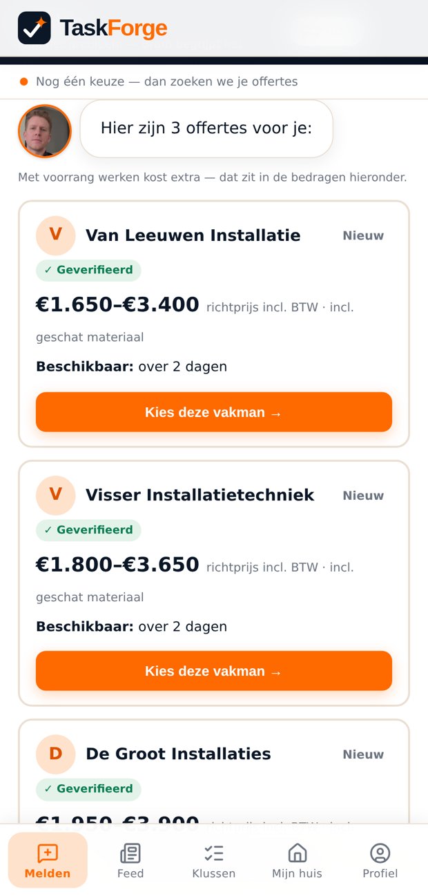 Drie geverifieerde vakmensen met richtprijs en beschikbaarheid