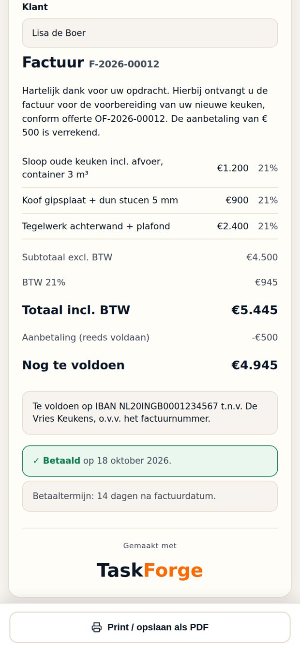 Betaalde factuur met dezelfde regels als de offerte