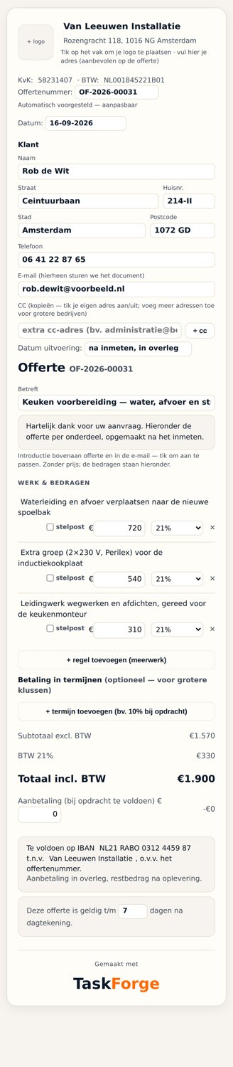 Offerte van de vakman met regels en bedragen