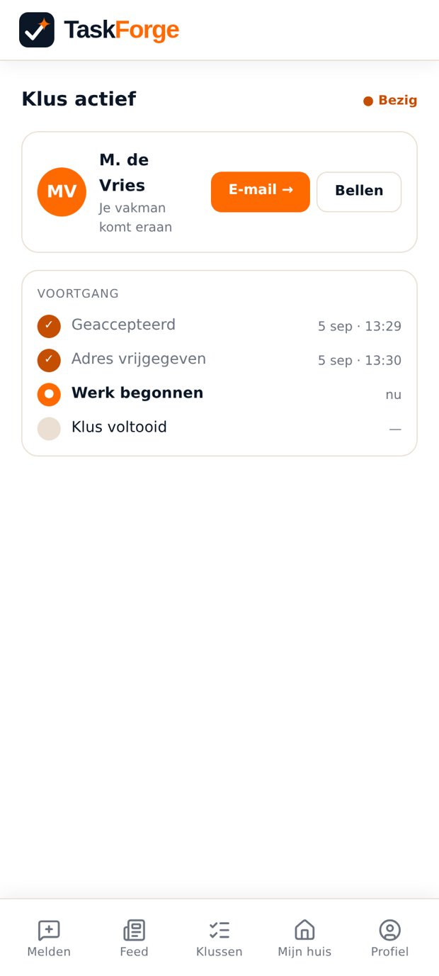 Voortgang van de klus met de stappen en contactknoppen
