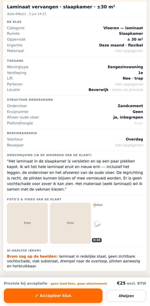 Onderkant van de klusbrief met provisie en de knop Accepteer klus