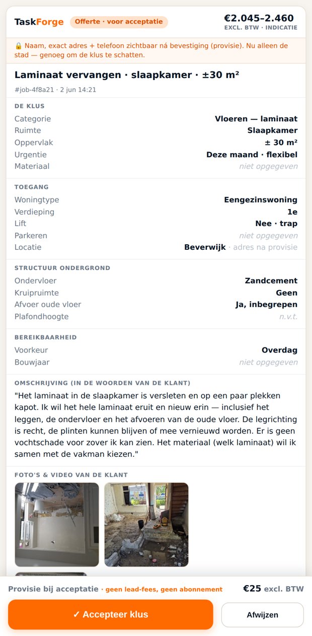 Klusbrief met categorie, oppervlak, toegang en foto’s van de klant