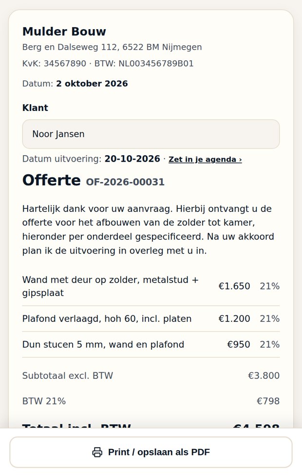 Verstuurde offerte met bedrijfsgegevens, klant en werkregels met bedragen