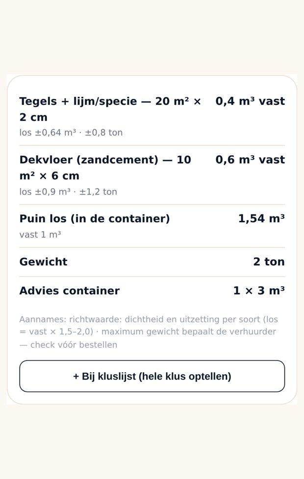 Puin-uitkomst met gewicht, container en zakken